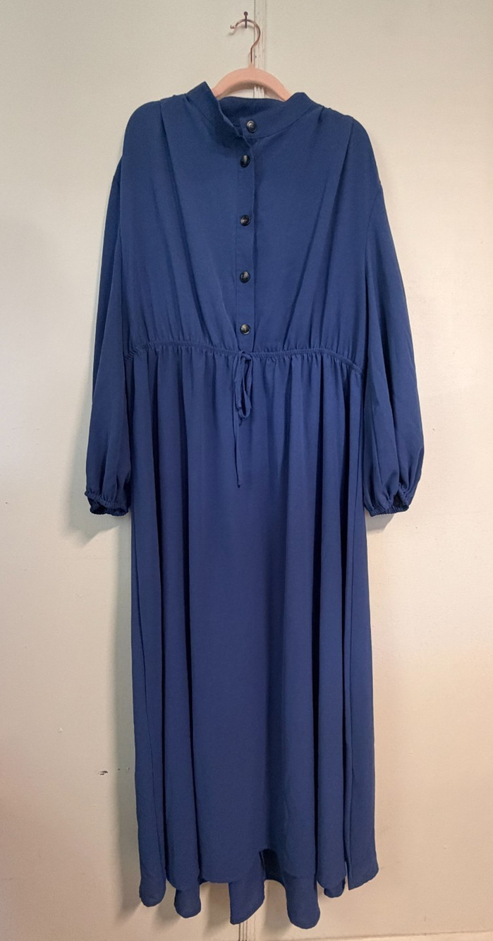 Solid Blue Mock Neck Maxi Dress 3XL Plus Size Long Sleeve Button Front Peasant